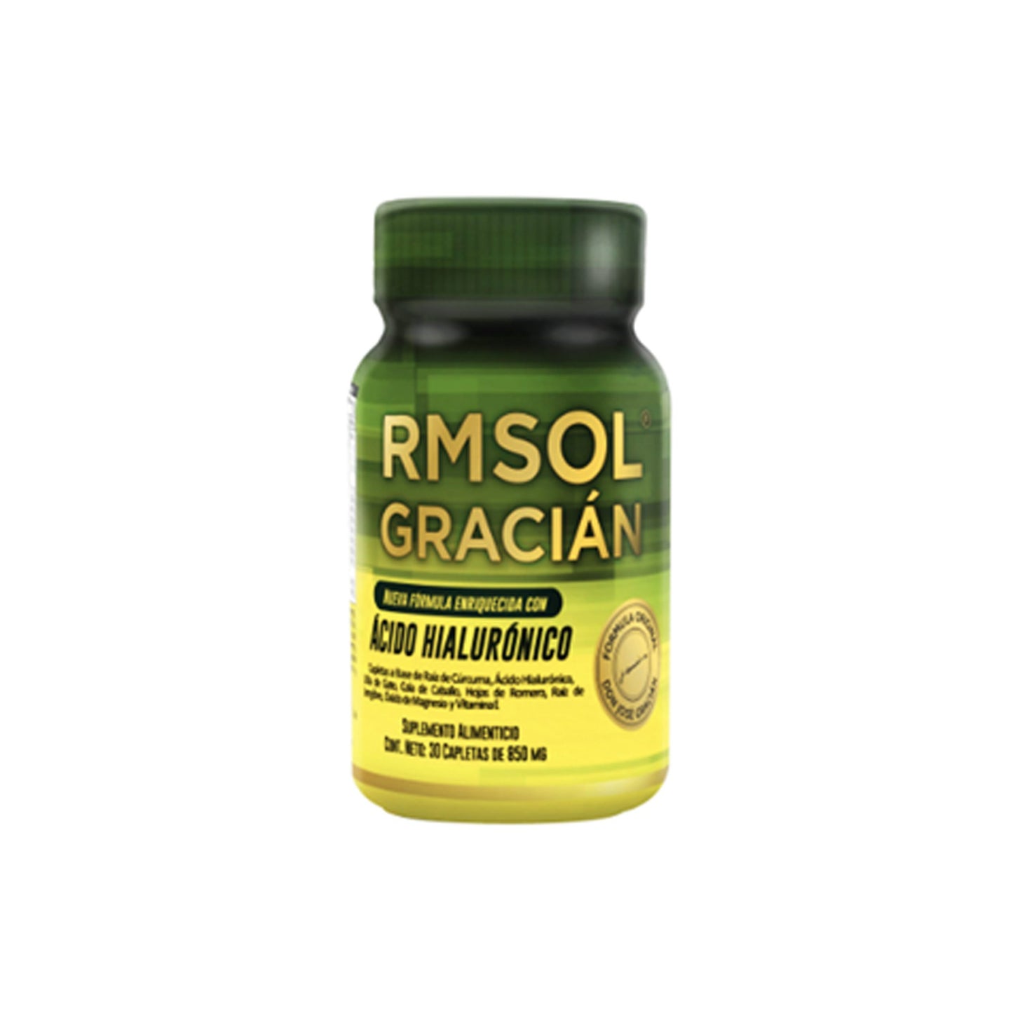 Frasco de RMSOL, suplemento alimenticio con cúrcuma, colágeno y vitamina C
