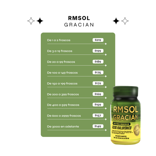 Suplemento RMSOL en cápsulas con colágeno, cúrcuma y vitamina C en presentación de frasco.