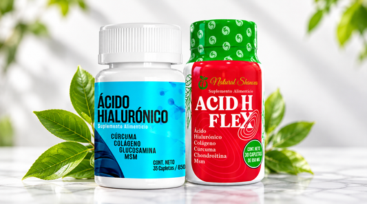 Frascos de ácido hialurónico Shanova de 35 capletas y ACID H FLEX de 30 capletas, suplementos alimenticios de Vida es Primero.