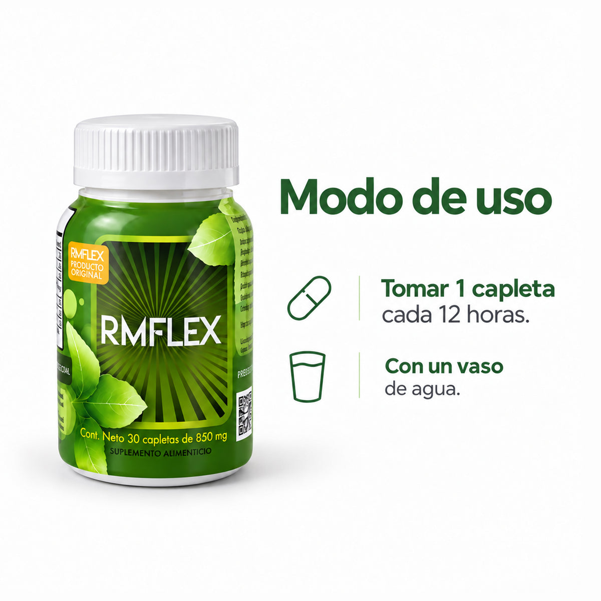 Modo de uso indicado para RMFLEX suplemento alimenticio