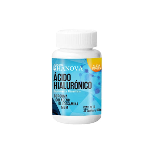 Suplemento Shanova Novyts con ácido hialurónico en frasco blanco, ideal para bienestar articular